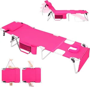Tanning Chair with Face Hole, Heavy Duty Outside Lay Flat Portable Folding Chaise Lounge Chair, with Arm Hole for Reading Beach Poolside Patio Sunbathing Lawn, 300 LBS, Pink