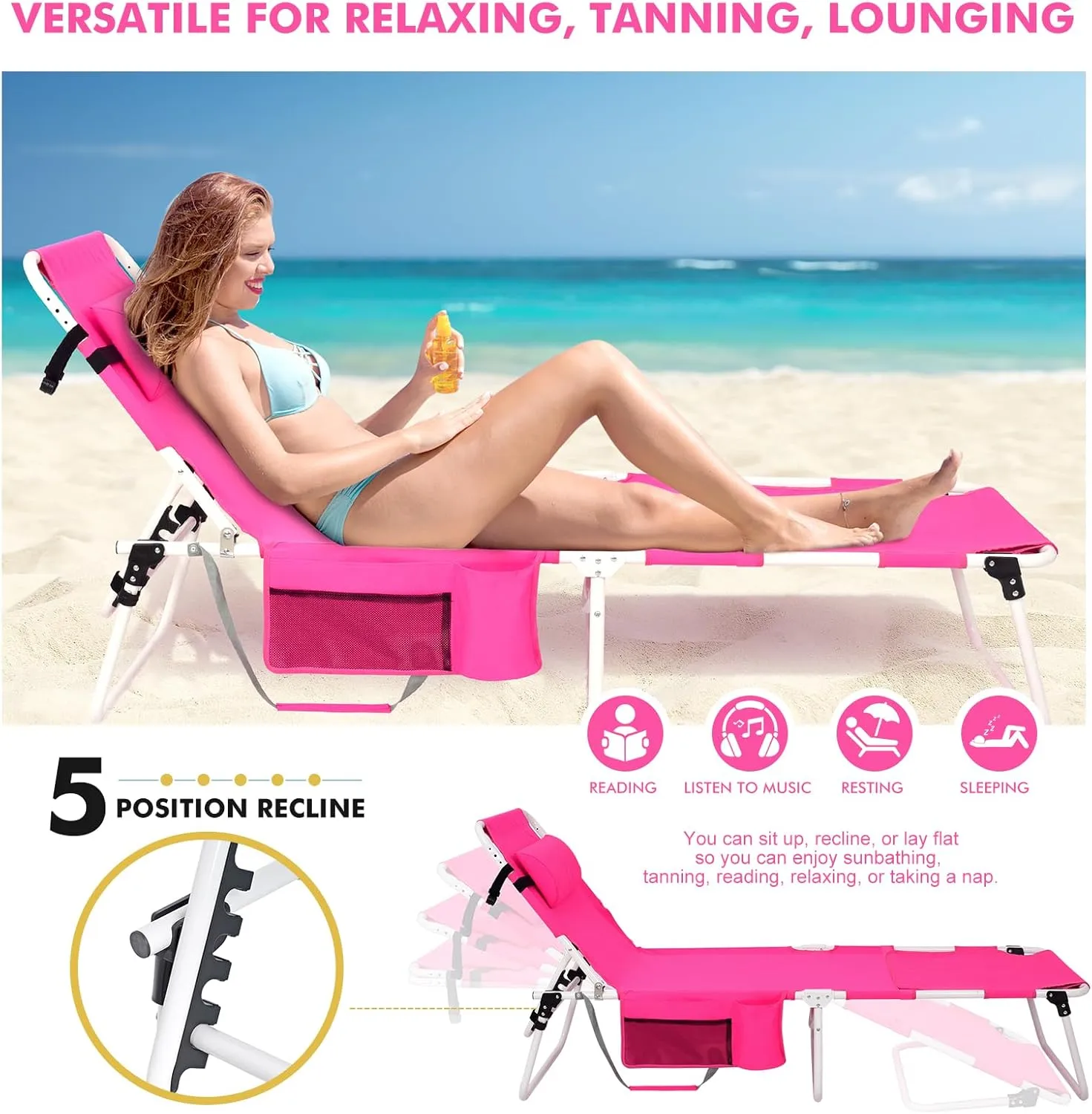 Tanning Chair with Face Hole, Heavy Duty Outside Lay Flat Portable Folding Chaise Lounge Chair, with Arm Hole for Reading Beach Poolside Patio Sunbathing Lawn, 300 LBS, Pink