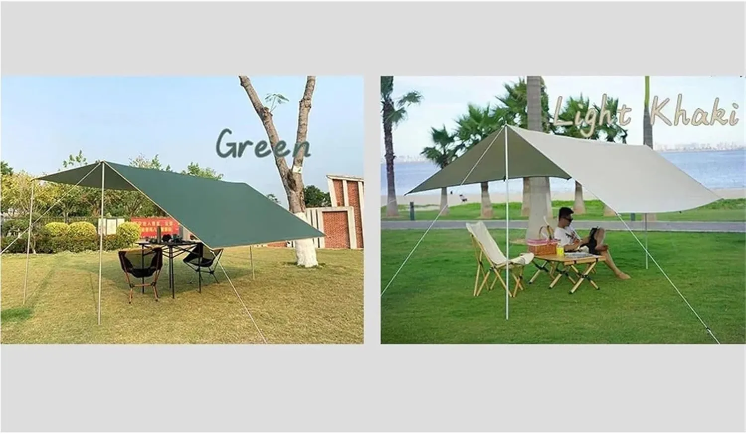 Tarp with Support Pole Rope Peg Waterproof Awning Tent Shade Garden Sunshade Outdoor Camping Sun Shelter for Outdoors, Picnic(Light Khaki,3x5m Iron Pole)