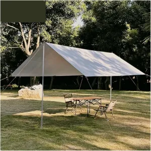 Tarp with Support Pole Rope Peg Waterproof Awning Tent Shade Garden Sunshade Outdoor Camping Sun Shelter for Outdoors, Picnic(Light Khaki,3x5m Iron Pole)
