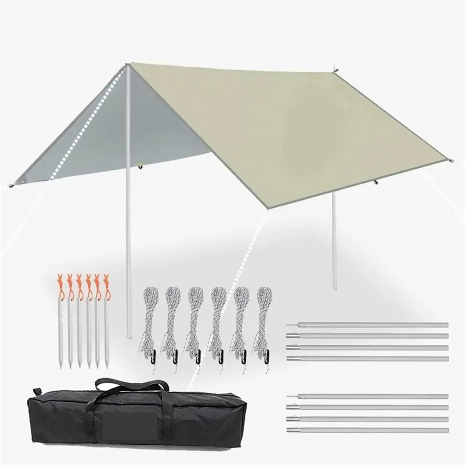 Tarp with Support Pole Rope Peg Waterproof Awning Tent Shade Garden Sunshade Outdoor Camping Sun Shelter for Outdoors, Picnic(Light Khaki,3x5m Iron Pole)