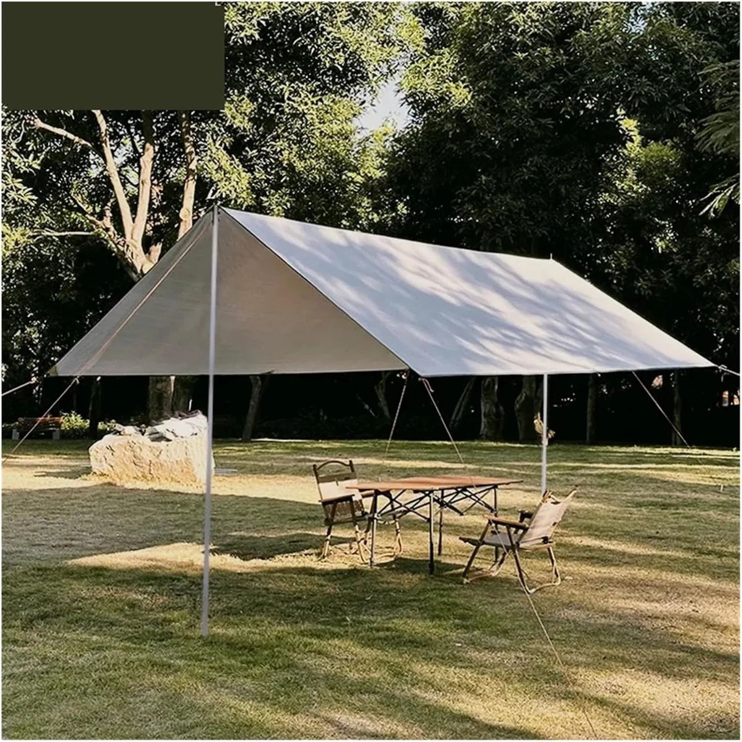 Tarp with Support Pole Rope Peg Waterproof Awning Tent Shade Garden Sunshade Outdoor Camping Sun Shelter for Outdoors, Picnic(Light Khaki,3x5m Iron Pole)