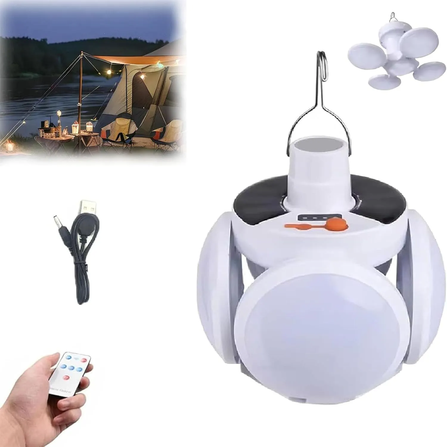 Tenddaily 2 in 1 Folding Solar Lamp, Solar & USB Charging Lantern Hanging Foldable Lamps, LED Camping Blub, Portable Light Tent Hanging Flashlight Outdoor (White*1)