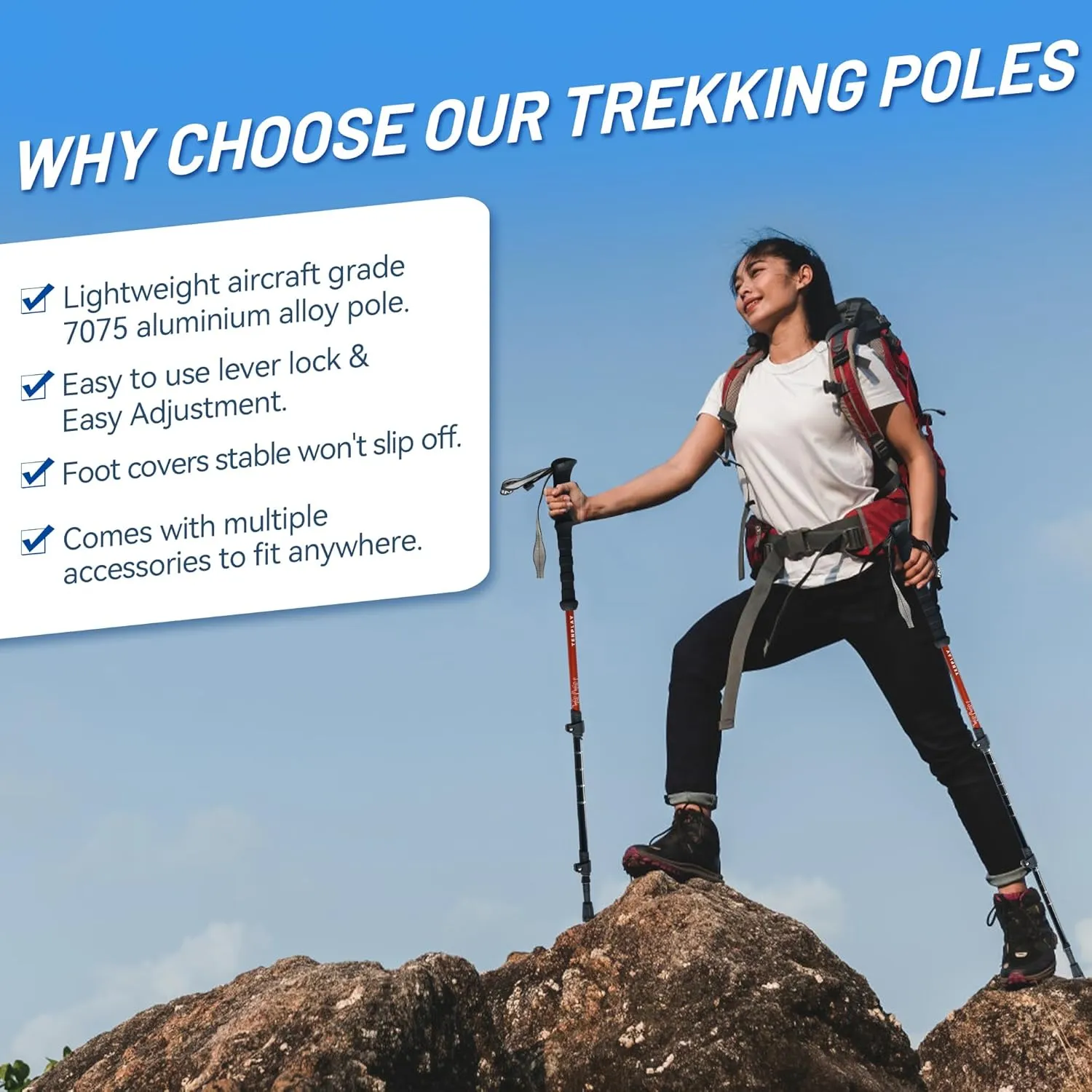 TENPLAY Trekking Pole 7075 Aluminium,EVA Anti-Slip Grips,Quick Lever Lock,3 Section Collapsible,135cm/53.15" Lightweight 0.5lbs,Poles for Hiking Mountaineering Backpacking,Walking,Trekking.