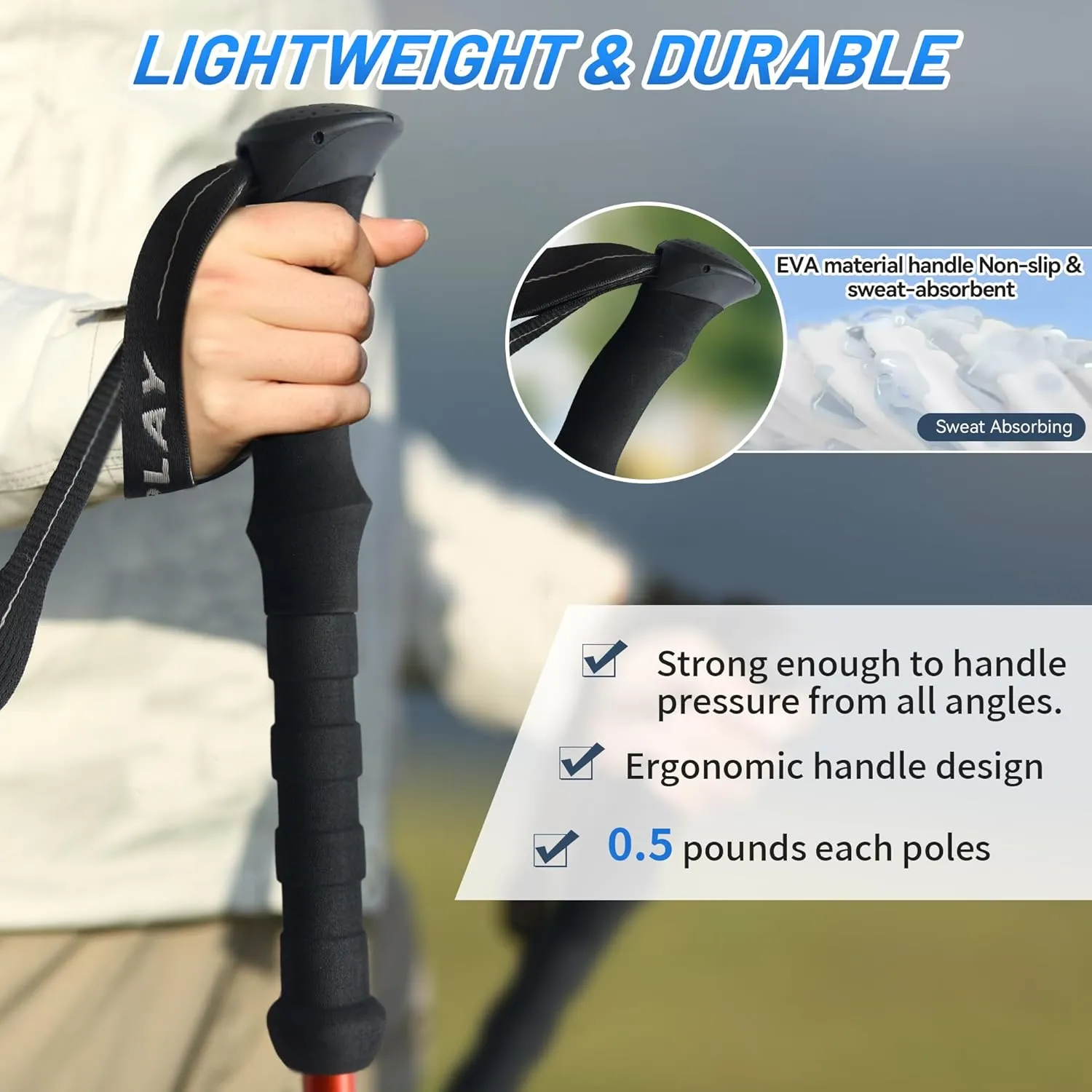 TENPLAY Trekking Pole 7075 Aluminium,EVA Anti-Slip Grips,Quick Lever Lock,3 Section Collapsible,135cm/53.15" Lightweight 0.5lbs,Poles for Hiking Mountaineering Backpacking,Walking,Trekking.
