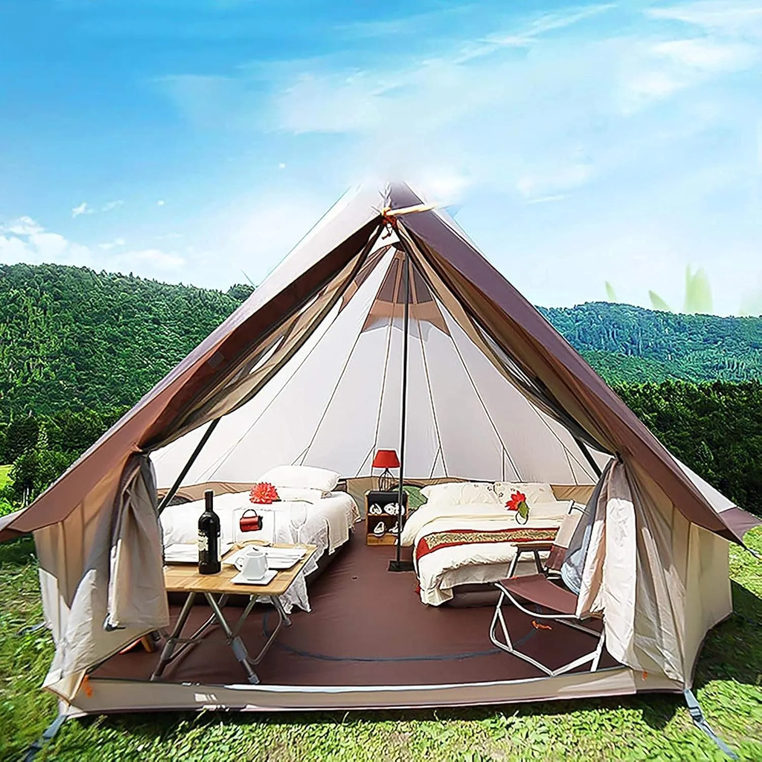 Tent Canvas Tent with Stove Hole Cotton Canvas Tents Yurt Tent for Camping 4-Season Waterproof Tent for Family Camping Outdoor Glamping, Luxury Teepee