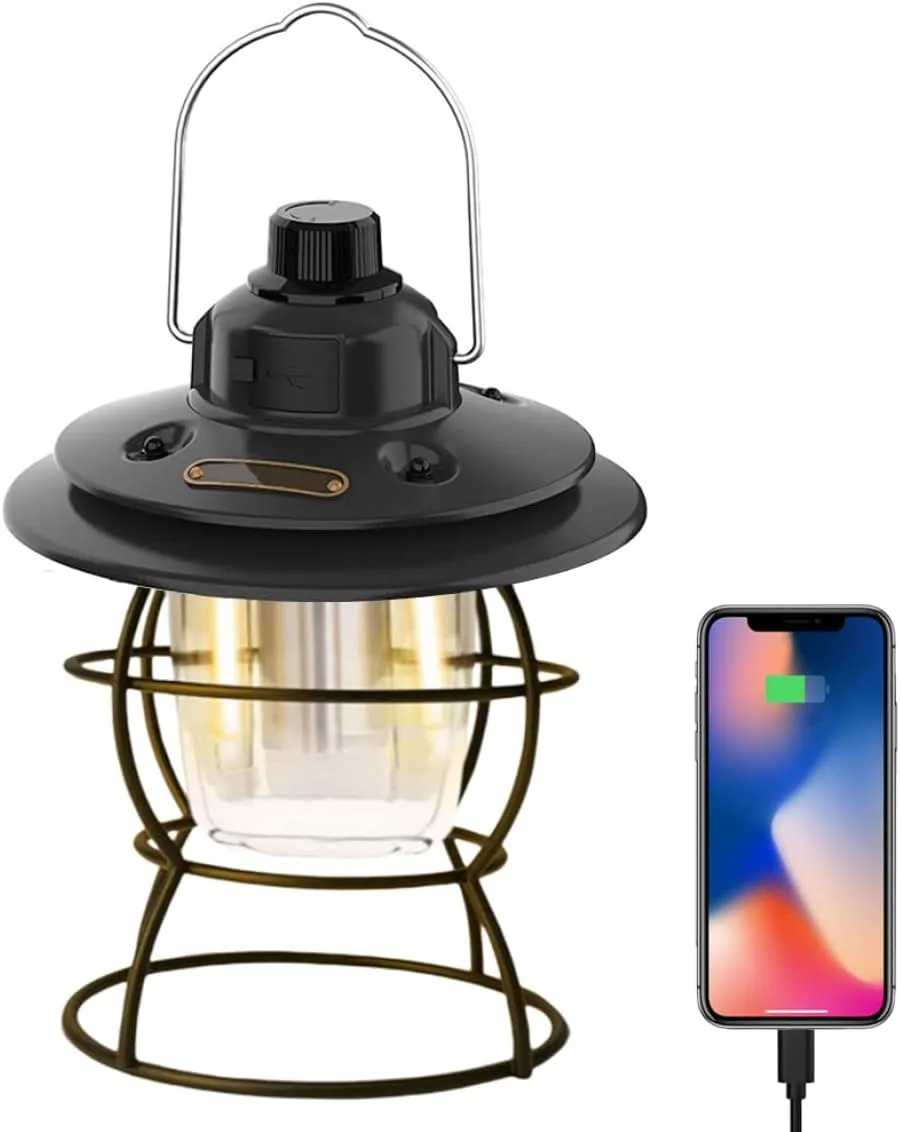 Tent Light Retro Camping Light USB Rechargeable Camping Lantern Portable Tent Light for Travel Fishing Hiking Black