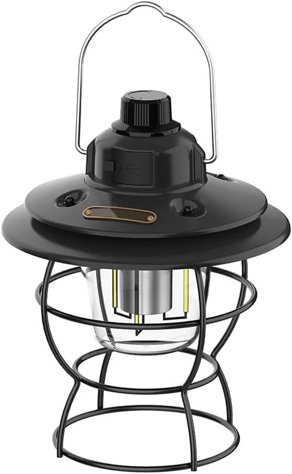 Tent Light Retro Camping Light USB Rechargeable Camping Lantern Portable Tent Light for Travel Fishing Hiking Black