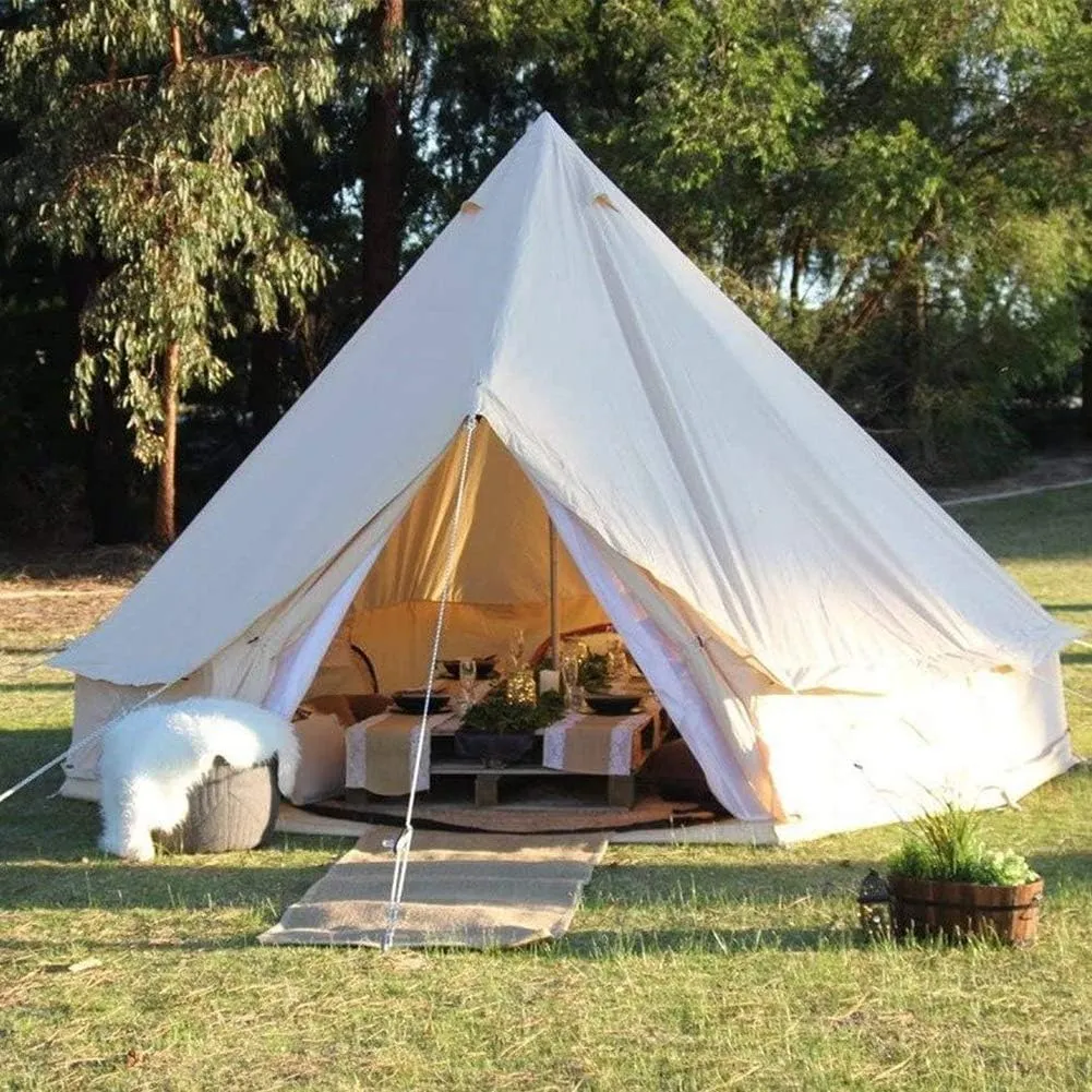 Tents for Camping 4 Season Cotton Bell Glamping Tent Outdoor Family Camping Tent with Zipped Groundsheet Mesh Door for Camping Hunting, 3M, Beige