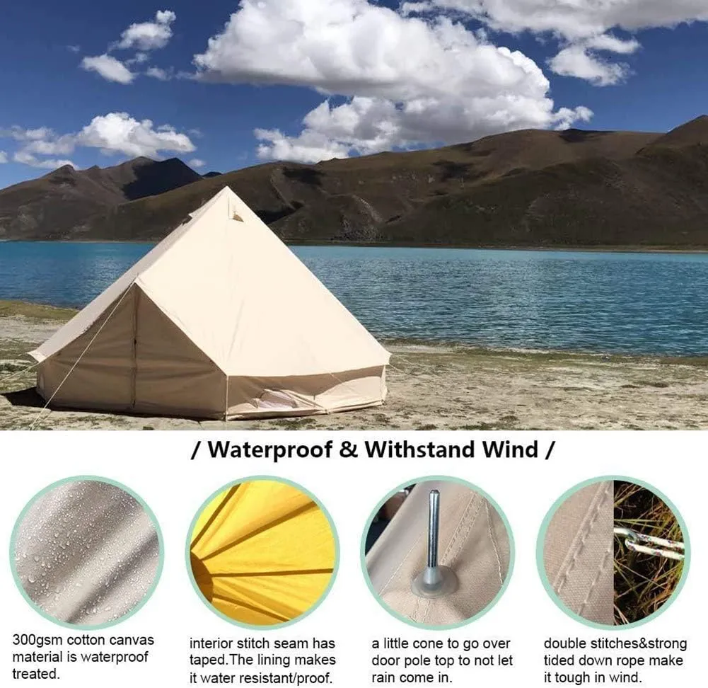 Tents for Camping 4 Season Cotton Bell Glamping Tent Outdoor Family Camping Tent with Zipped Groundsheet Mesh Door for Camping Hunting, 3M, Beige