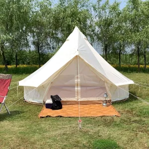 Tents for Camping 4 Season Cotton Bell Glamping Tent Outdoor Family Camping Tent with Zipped Groundsheet Mesh Door for Camping Hunting, 3M, Beige