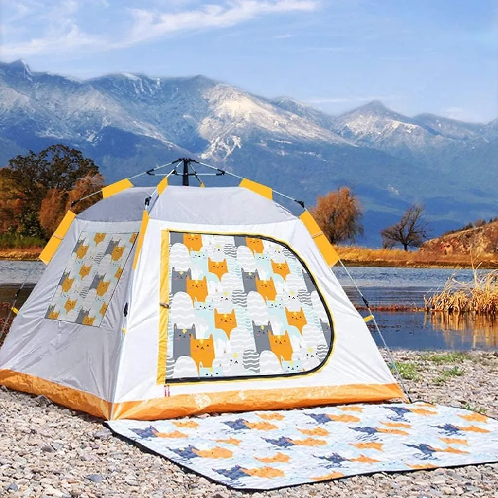 Tents for Camping Beach Tents Automatic Pop Up Tent Family Cat Pattern Camping Tent 3-4 Person with 3 Mesh Windows Waterproof Instant Outdoor Tent Family Tents for Camping Hiking Traveling
