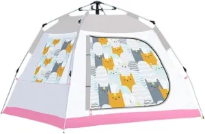Tents for Camping Beach Tents Automatic Pop Up Tent Family Cat Pattern Camping Tent 3-4 Person with 3 Mesh Windows Waterproof Instant Outdoor Tent Family Tents for Camping Hiking Traveling