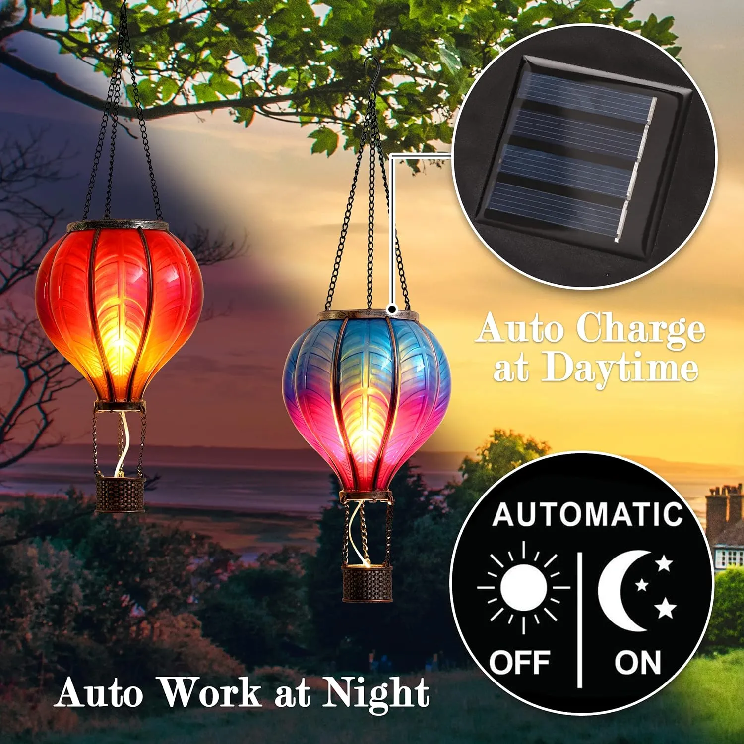 TERESA'S COLLECTIONS 2 Pcs Hot Air Balloon Solar Lantern Outdoor Garden Decor, Waterproof Hanging Solar Lantern with Flickering Flame Light for Yard Tree,Gift for Mom Lovers,18"