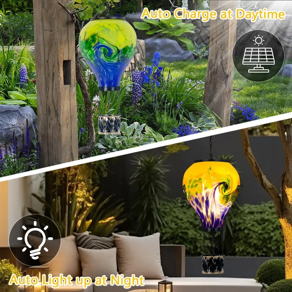 Tie-Dye Style Solar Hot Air Balloon Lantern with Flame, Glass Hot Air Balloon Solar Lantern Waterproof Outdoor Lanterns Decorative Lamp for Patio, Garden, Porch