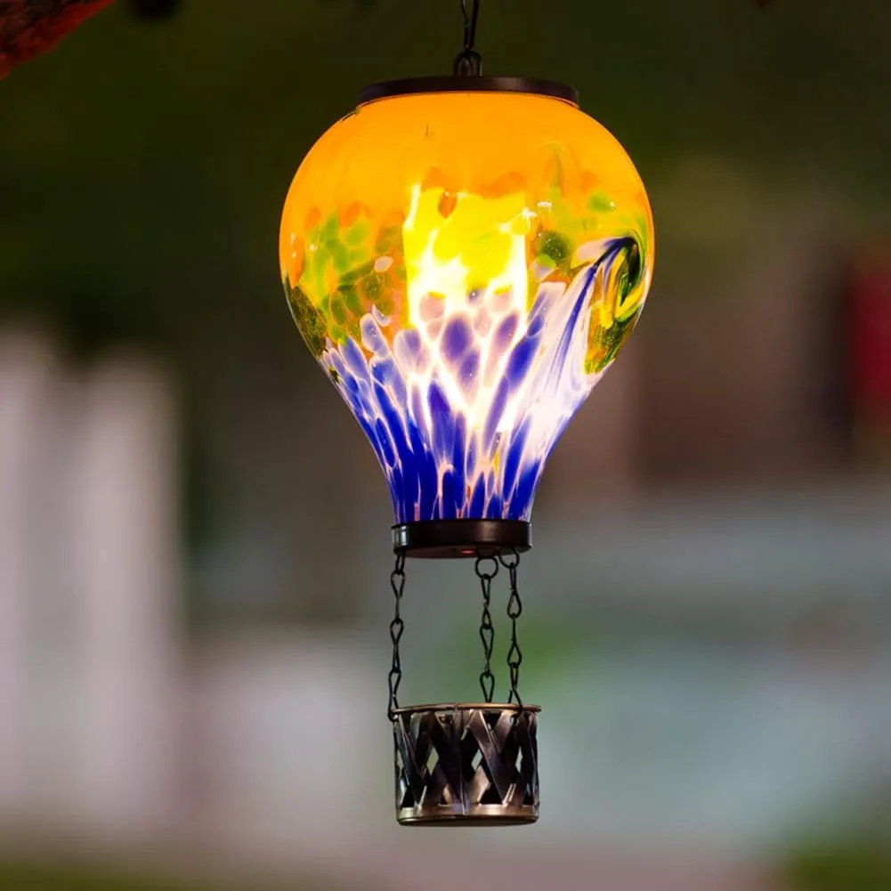 Tie-Dye Style Solar Hot Air Balloon Lantern with Flame, Glass Hot Air Balloon Solar Lantern Waterproof Outdoor Lanterns Decorative Lamp for Patio, Garden, Porch