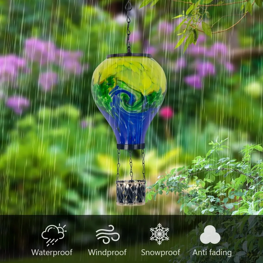Tie-Dye Style Solar Hot Air Balloon Lantern with Flame, Glass Hot Air Balloon Solar Lantern Waterproof Outdoor Lanterns Decorative Lamp for Patio, Garden, Porch