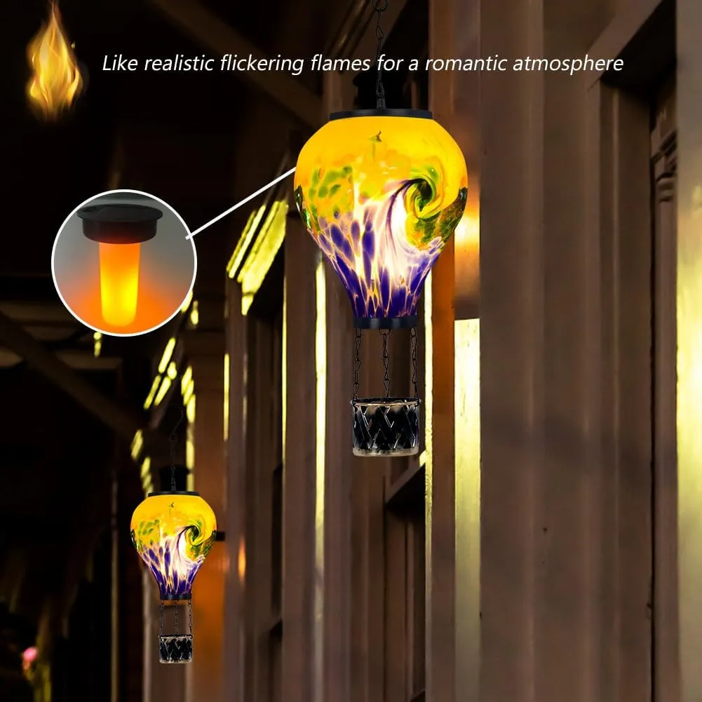 Tie-Dye Style Solar Hot Air Balloon Lantern with Flame, Glass Hot Air Balloon Solar Lantern Waterproof Outdoor Lanterns Decorative Lamp for Patio, Garden, Porch