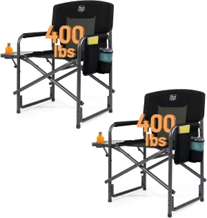 TIMBER RIDGE Aluminum Oversized Camping Chair, Lightweight Portable Directors Chair with Side Table Detachable Side Pocket for Outdoor Camping, Lawn, Picnic, Support 400lbs Black 2 Pack