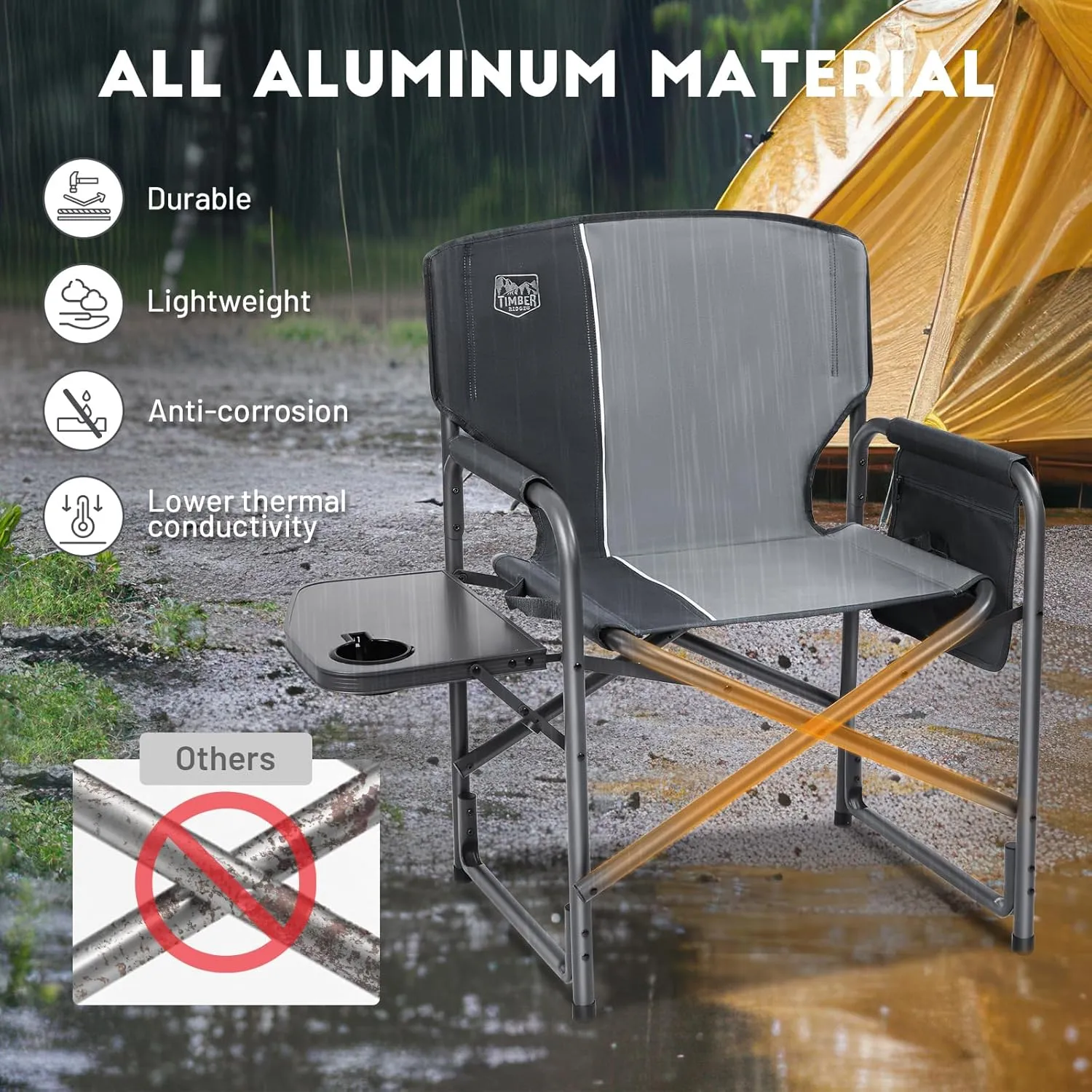 TIMBER RIDGE Aluminum Oversized Camping Chair, Lightweight Portable Directors Chair with Side Table Detachable Side Pocket for Outdoor Camping, Lawn, Picnic, Support 400lbs Grey