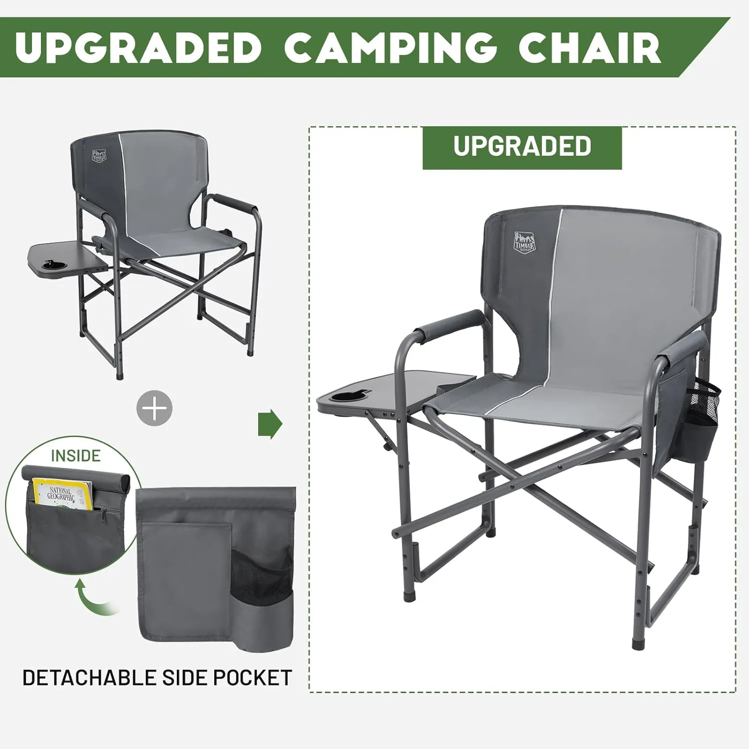 TIMBER RIDGE Aluminum Oversized Camping Chair, Lightweight Portable Directors Chair with Side Table Detachable Side Pocket for Outdoor Camping, Lawn, Picnic, Support 400lbs Grey
