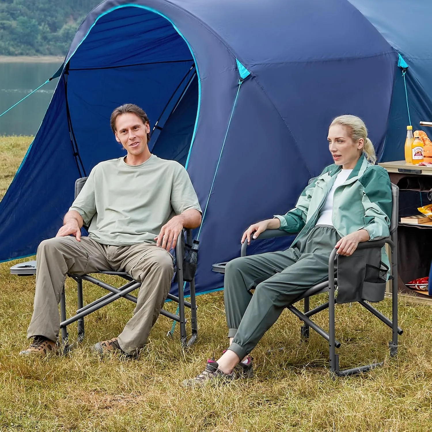 TIMBER RIDGE Aluminum Oversized Camping Chair, Lightweight Portable Directors Chair with Side Table Detachable Side Pocket for Outdoor Camping, Lawn, Picnic, Support 400lbs Grey