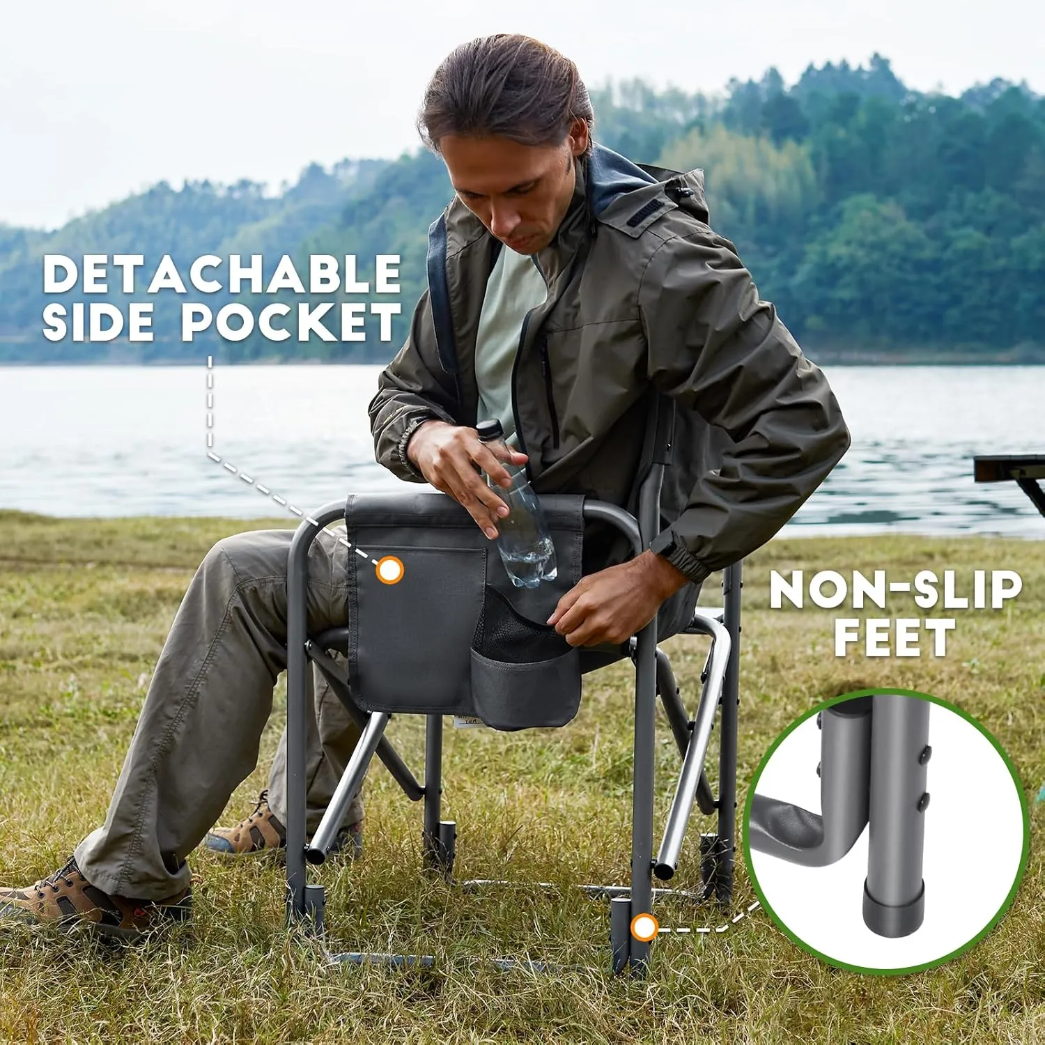 TIMBER RIDGE Aluminum Oversized Camping Chair, Lightweight Portable Directors Chair with Side Table Detachable Side Pocket for Outdoor Camping, Lawn, Picnic, Support 400lbs Grey