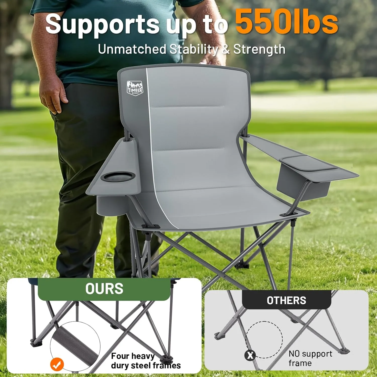 TIMBER RIDGE Oversized Folding Camping Chair for Adults, Support 550 LBS Heavy Duty with Cup Holder Side Pocket for Camping, Lawn, Picnic, 2 Pack(Grey)