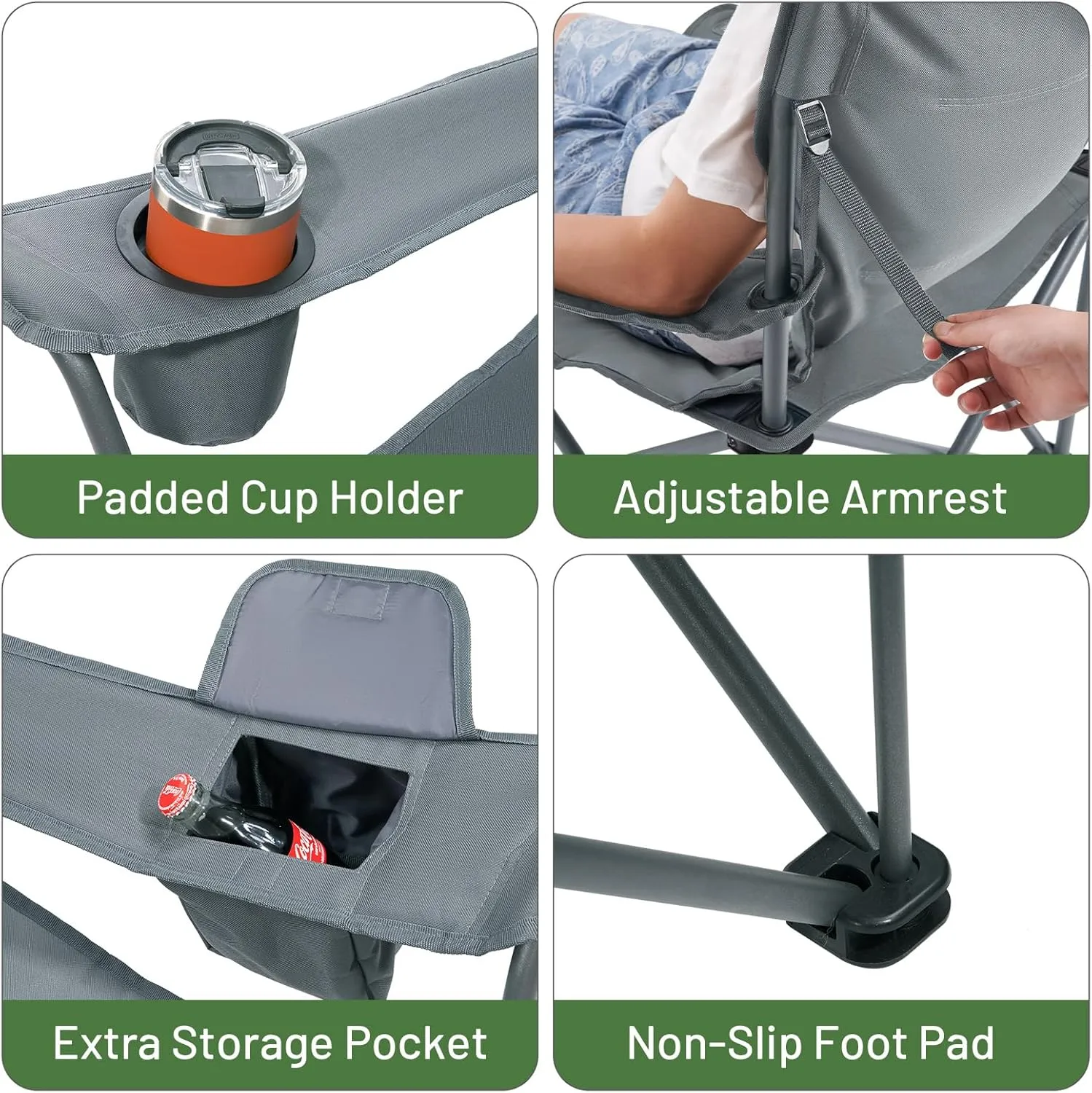 TIMBER RIDGE Oversized Folding Camping Chair for Adults, Support 550 LBS Heavy Duty with Cup Holder Side Pocket for Camping, Lawn, Picnic, 2 Pack(Grey)