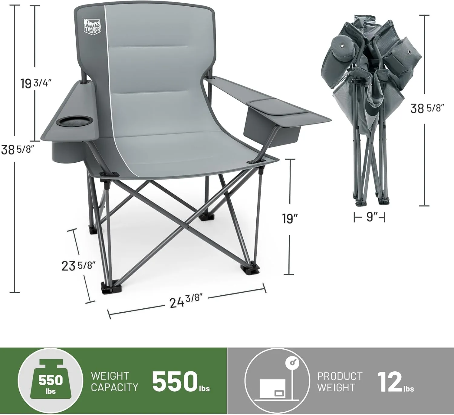 TIMBER RIDGE Oversized Folding Camping Chair for Adults, Support 550 LBS Heavy Duty with Cup Holder Side Pocket for Camping, Lawn, Picnic, 2 Pack(Grey)