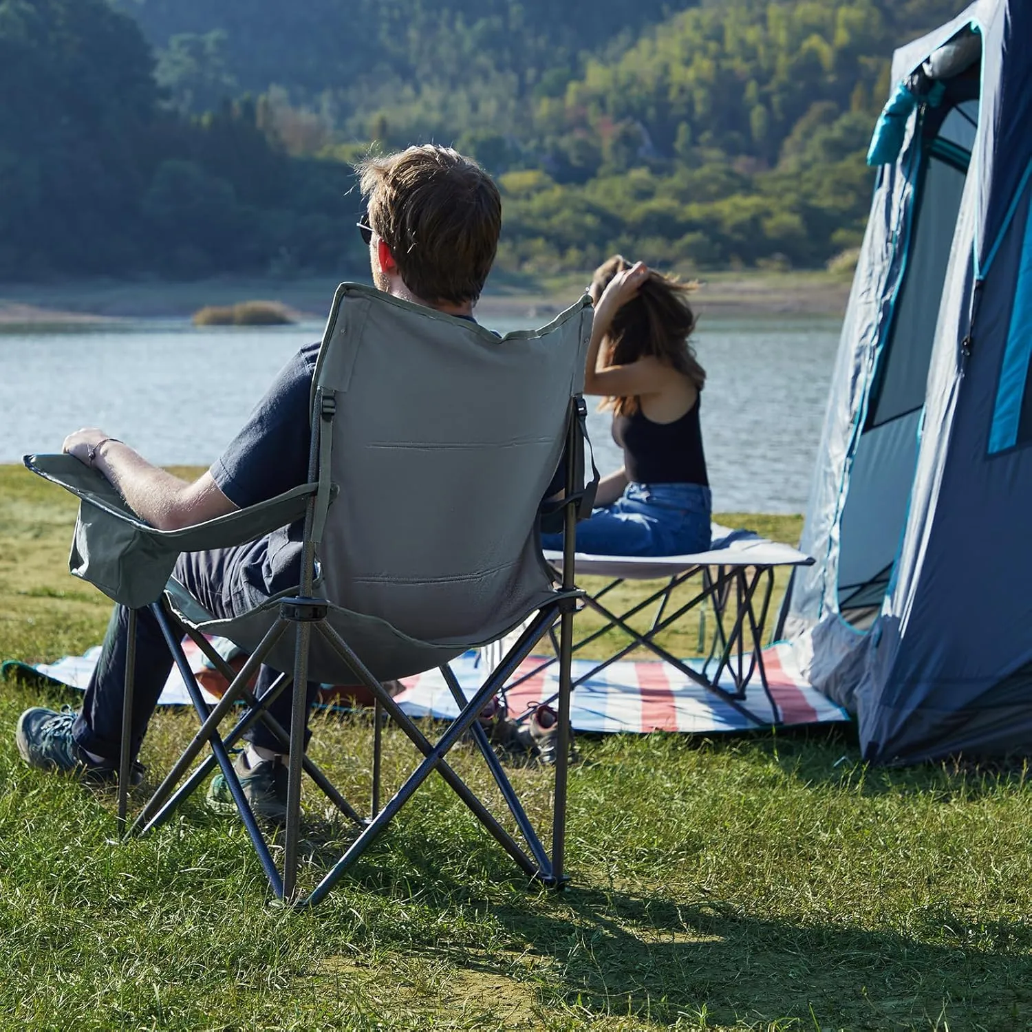 TIMBER RIDGE Oversized Folding Camping Chair for Adults, Support 550 LBS Heavy Duty with Cup Holder Side Pocket for Camping, Lawn, Picnic, 2 Pack(Grey)
