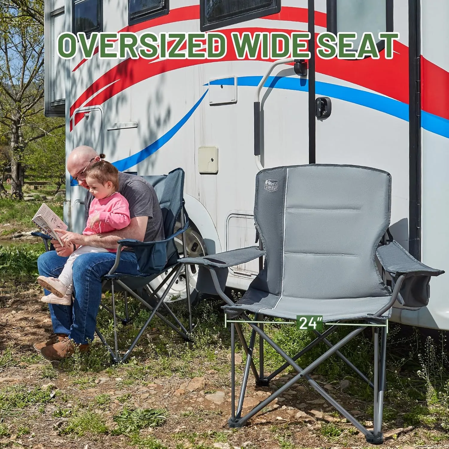 TIMBER RIDGE Oversized Folding Camping Chair for Adults, Support 550 LBS Heavy Duty with Cup Holder Side Pocket for Camping, Lawn, Picnic, 2 Pack(Grey)