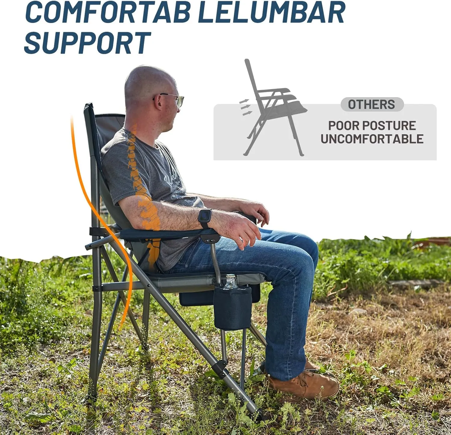 TIMBER RIDGE Oversized Folding Camping Chair with Lumbar Support Adjustable High Back Heavy Duty for Adults Support up to 500lbs with Cup Holder, Cooler Bag, Side Pocket, Blue 2Pcs
