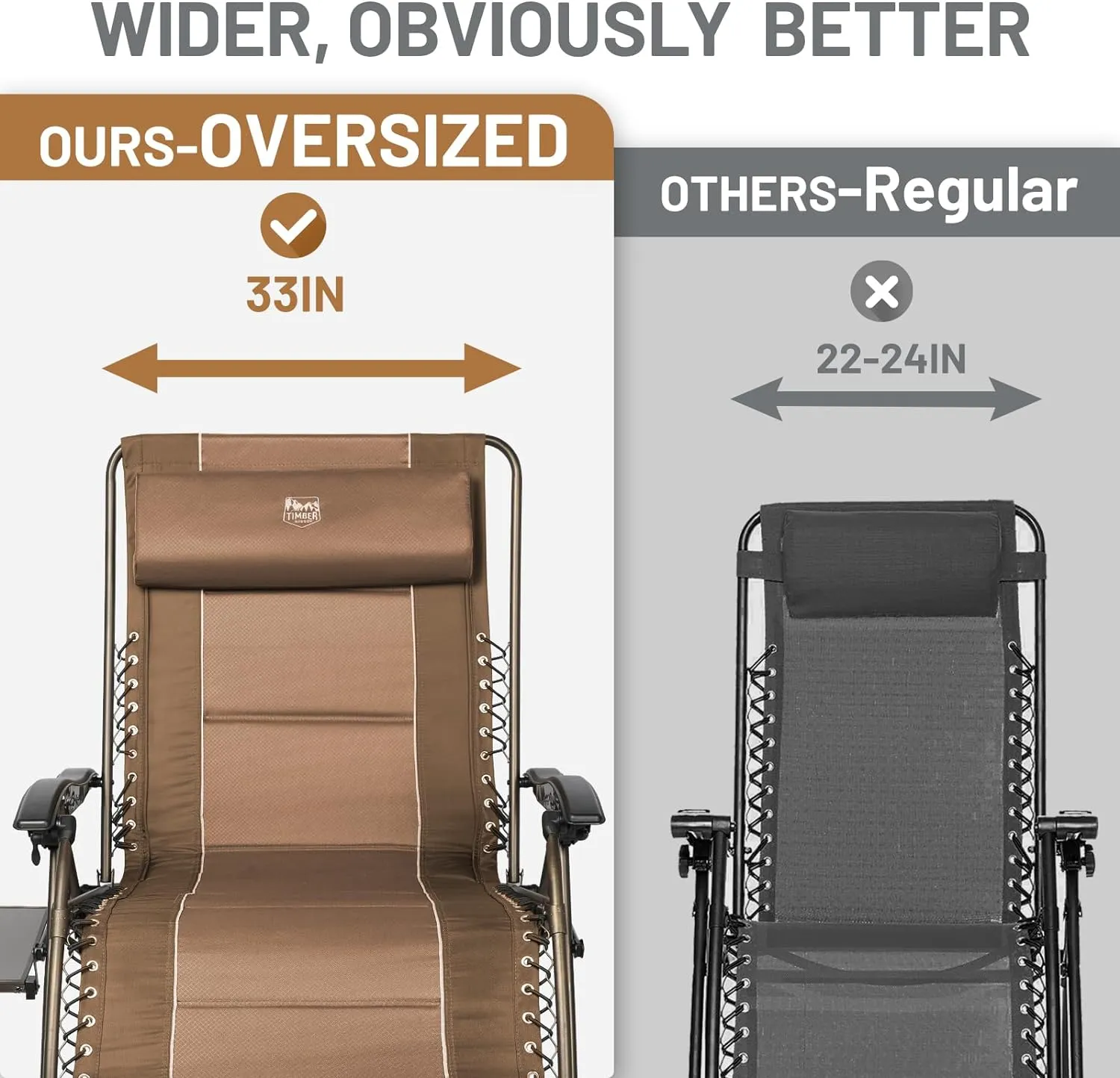 TIMBER RIDGE Oversized Zero Gravity Chair, 33In Wide XXL Zero Gravity Reclining Chair with Side Table, Full Padded Lounge Chair for Outdoor Camping Patio Lawn, Heavy Duty Supports 500lbs, Brown-1 Pack