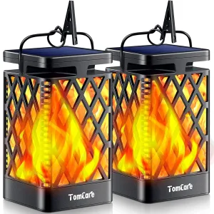 TomCare Solar Lights Outdoor Flickering Flame Solar Lantern Outdoor Hanging Lanterns Decorative Outdoor Lighting Solar Powered Waterproof LED Flame Christmas Lights for Patio Garden, 2 Pack(Black)