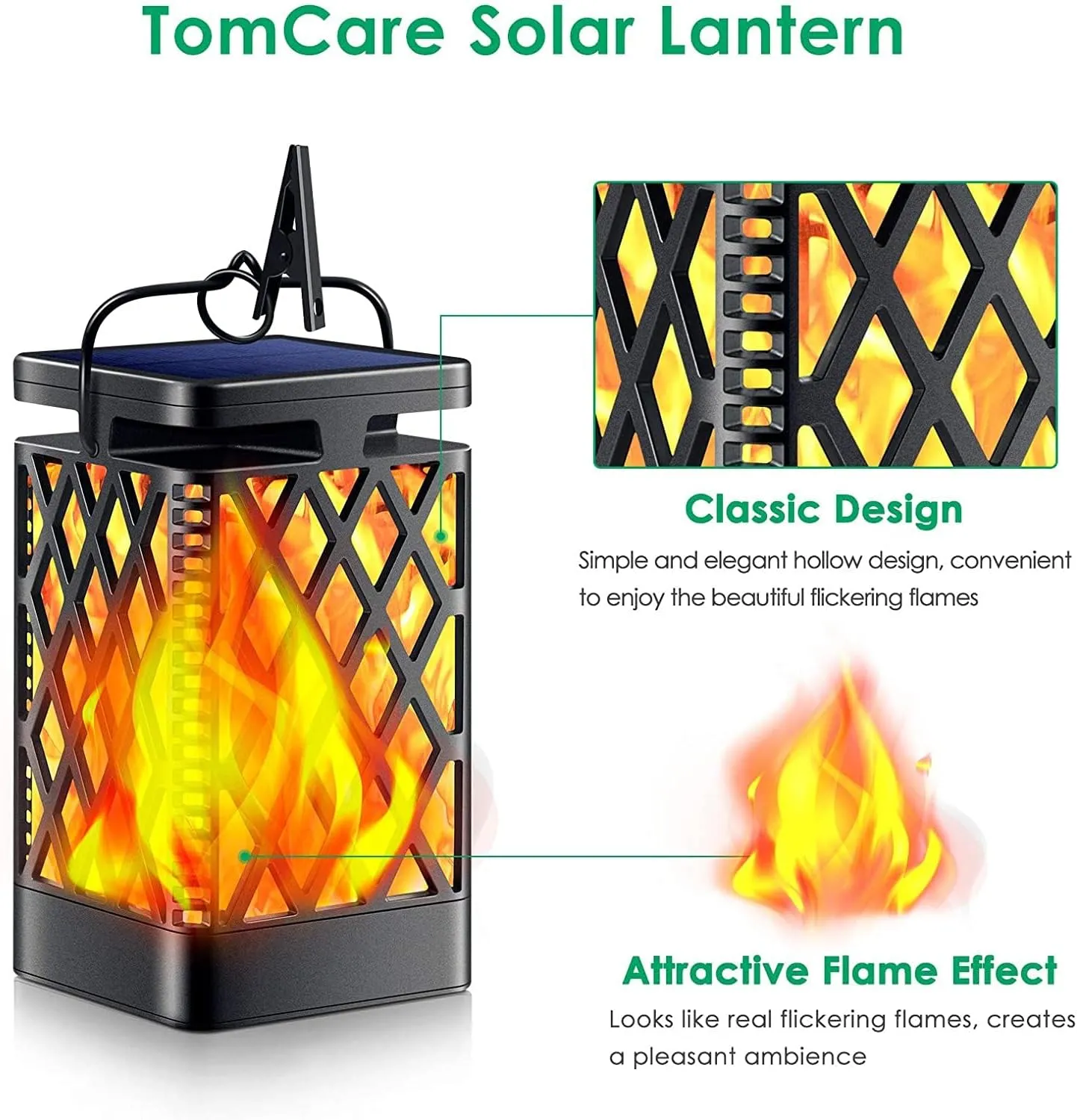 TomCare Solar Lights Outdoor Flickering Flame Solar Lantern Outdoor Hanging Lanterns Decorative Outdoor Lighting Solar Powered Waterproof LED Flame Christmas Lights for Patio Garden, 2 Pack(Black)