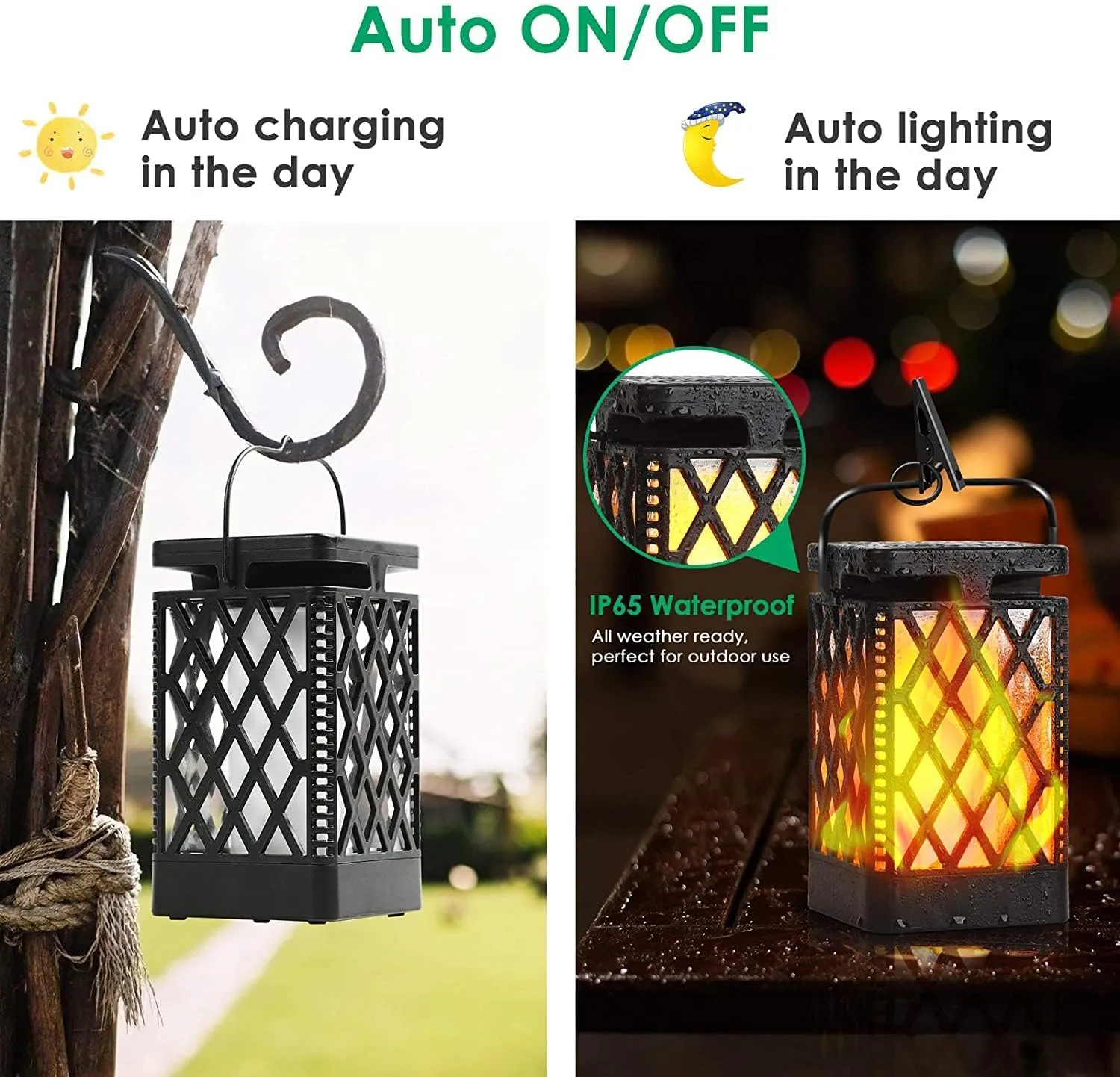 TomCare Solar Lights Outdoor Flickering Flame Solar Lantern Outdoor Hanging Lanterns Decorative Outdoor Lighting Solar Powered Waterproof LED Flame Christmas Lights for Patio Garden, 2 Pack(Black)