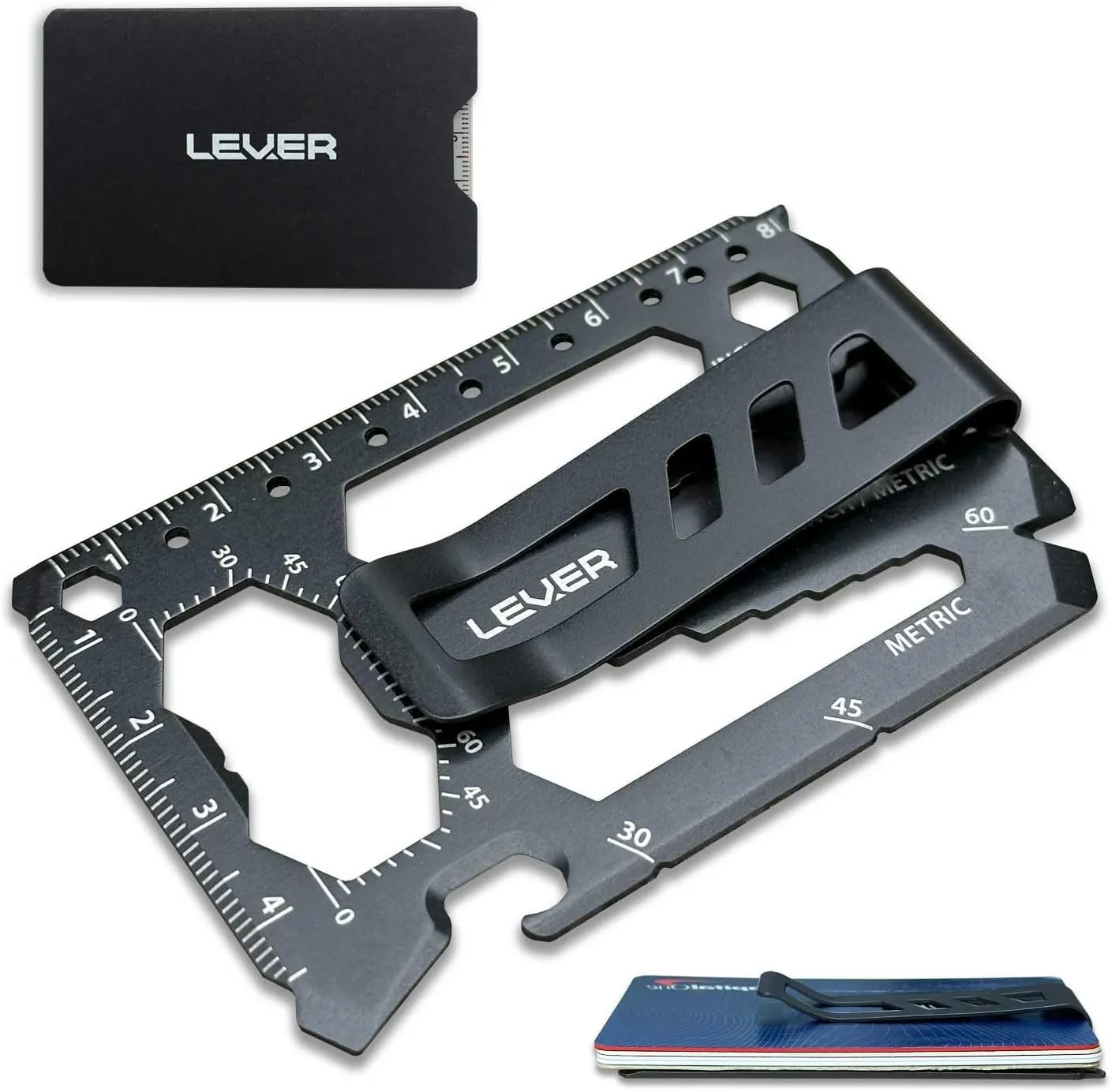 Toolcard Pro with Money Clip - 40 in 1 Credit Card Multitool Card - Sleek Minimalist Stainless Steel Wallet Card and Money Clip by Lever Gear (1, Black)