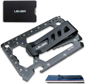 Toolcard Pro with Money Clip - 40 in 1 Credit Card Multitool Card - Sleek Minimalist Stainless Steel Wallet Card and Money Clip by Lever Gear (1, Black)
