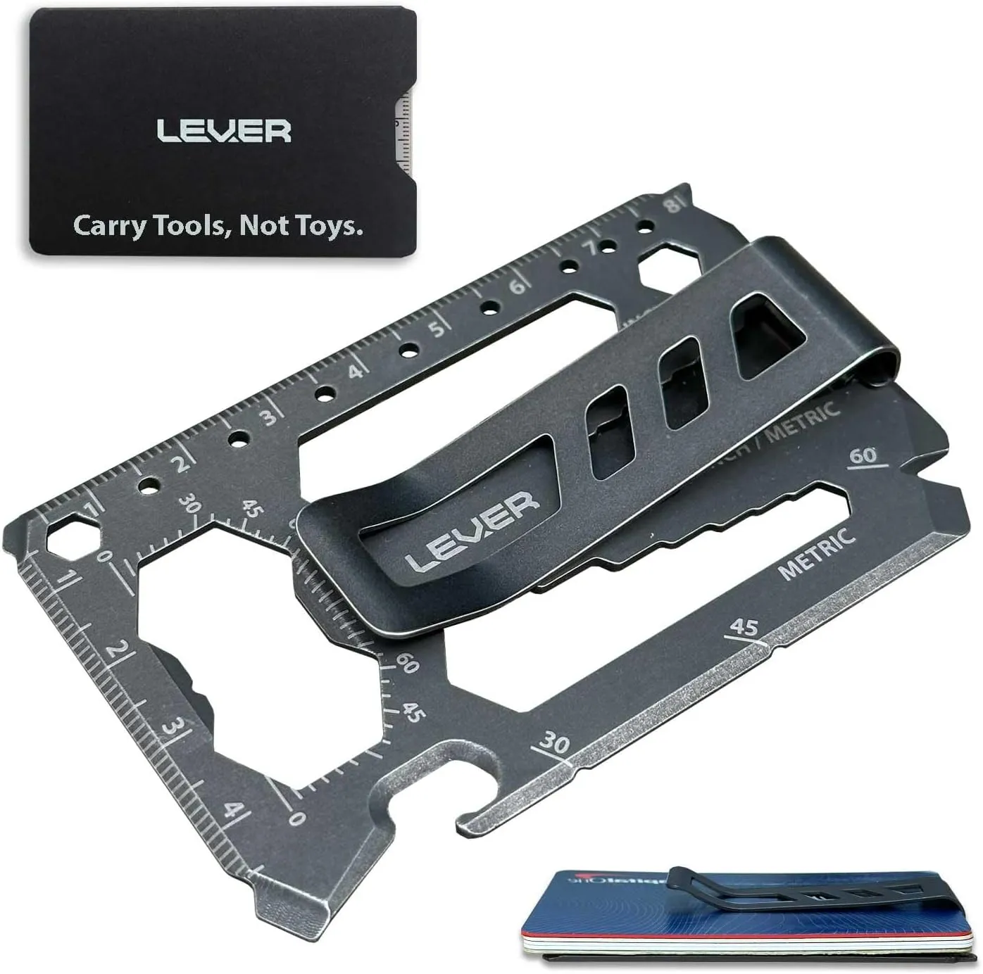 Toolcard Pro with Money Clip - 40 in 1 Credit Card Multitool Card - Sleek Minimalist Stainless Steel Wallet Card and Money Clip by Lever Gear (1, Stonewash)