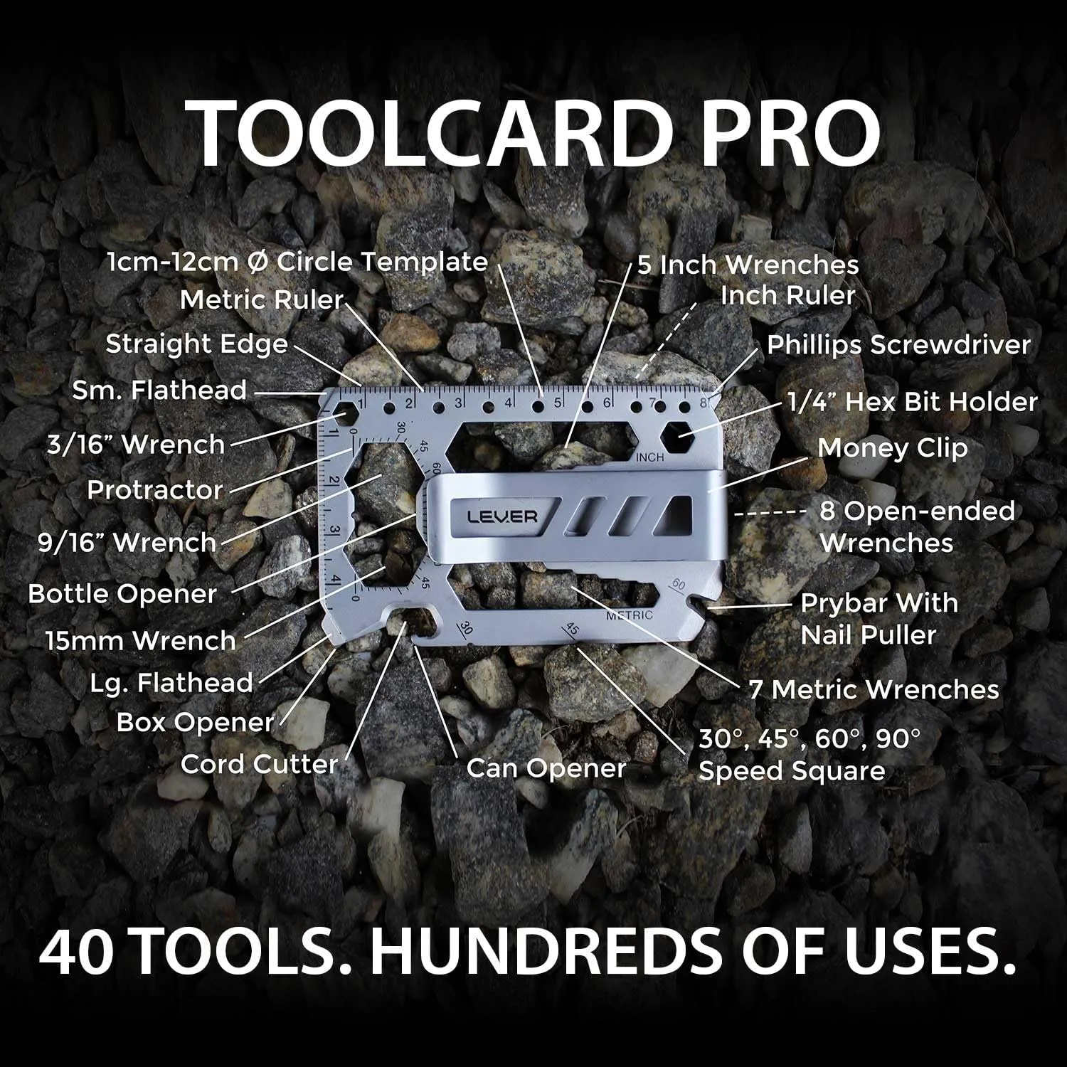 Toolcard Pro With Money Clip - 40 in 1 Credit Card Multitool - Sleek Minimalist Stainless Steel Wallet and Money Clip by Lever Gear (2, Black)