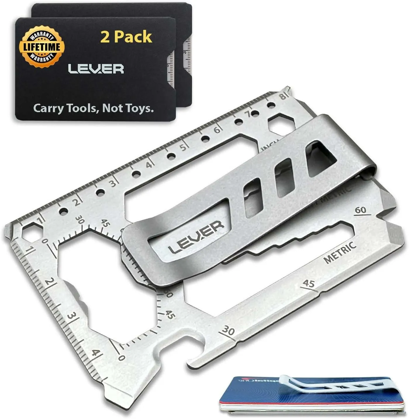 Toolcard Pro With Money Clip - 40 in 1 Credit Card Multitool - Sleek Minimalist Stainless Steel Wallet and Money Clip by Lever Gear (2, Silver)