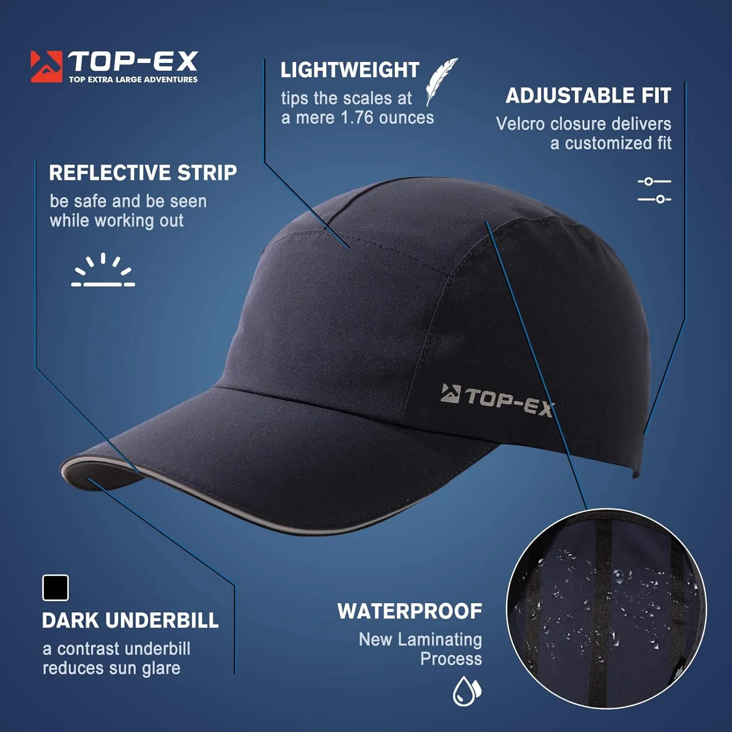 TOP-EX L/XL/XXL 5-Panel Water-Resistant Baseball Performance Cap Running Golf