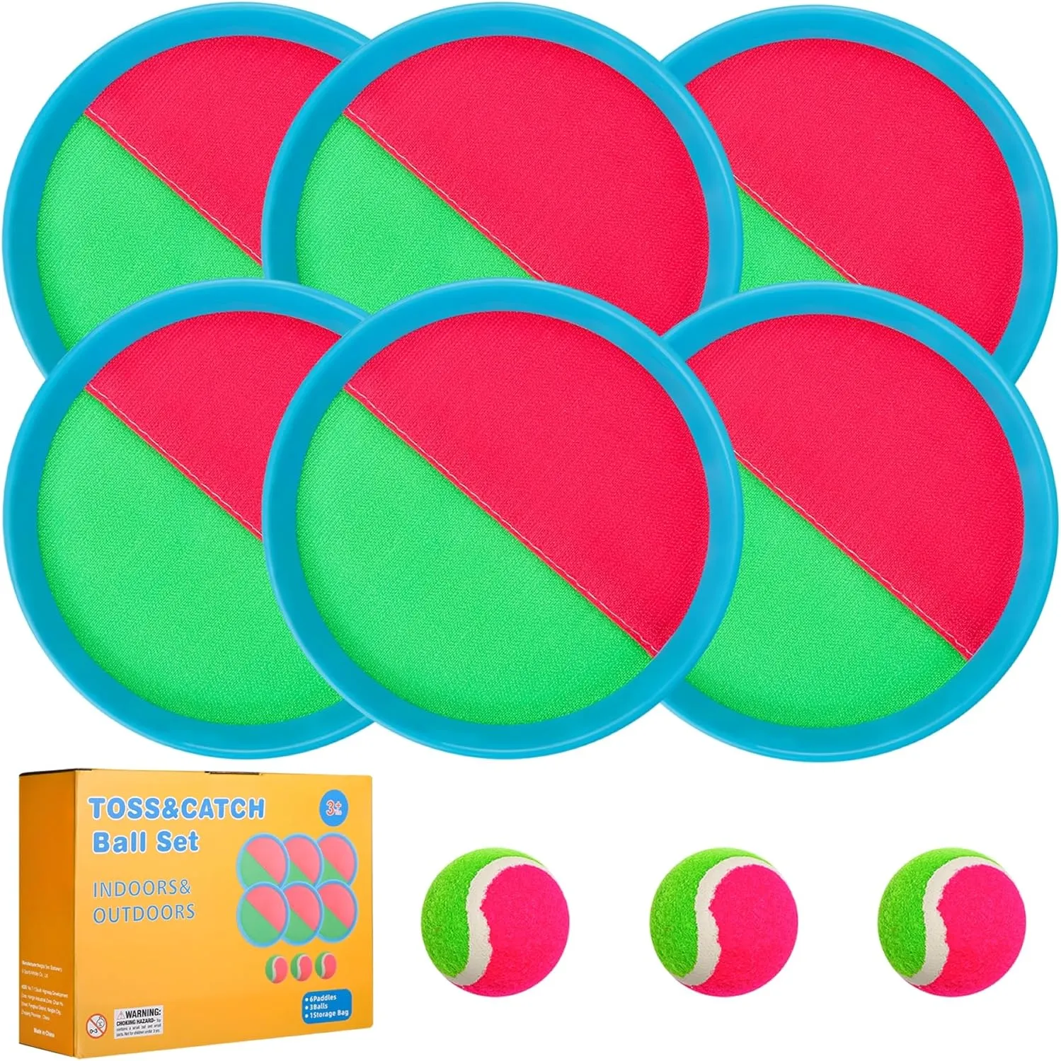 Toss and Catch Ball Set, Spike Ball Game for Kids Ages 4-8, Outdoor Toys for Beach, Lawn, Park, Family Play, Party, Travel, 6 Paddles, 3 Balls, Storage Bag