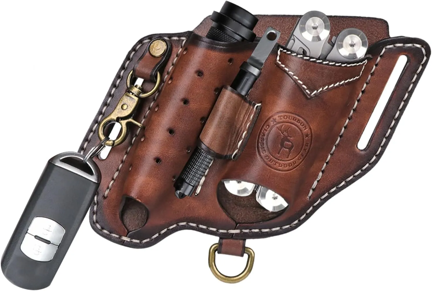 Tourbon Leather Multitool Sheath for Belt Compact EDC Pouch Pocket Organizer for Men with Flashlight Holster Pen Holder & Keychain Clip