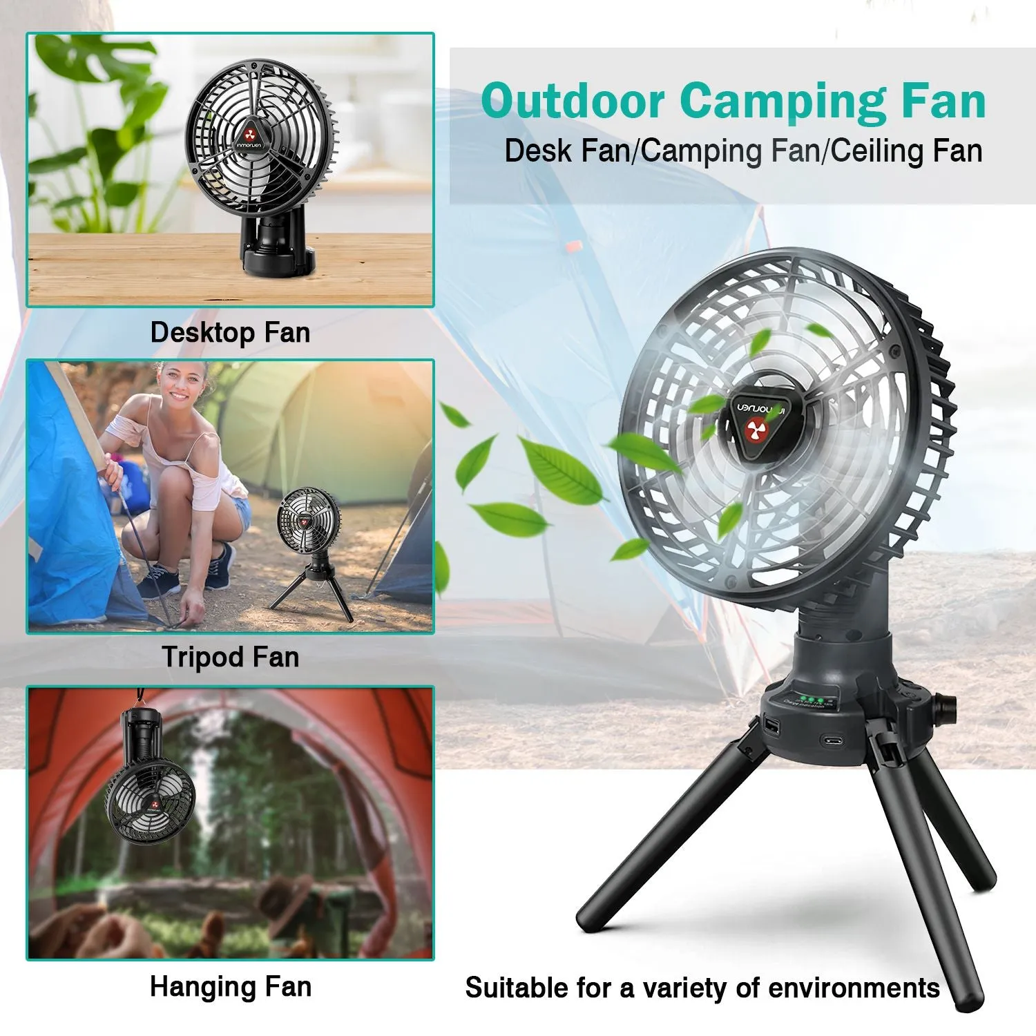 TrailVibe MultiMount Rechargeable Camp Fan & Lantern – 10400mAh Power Hub
