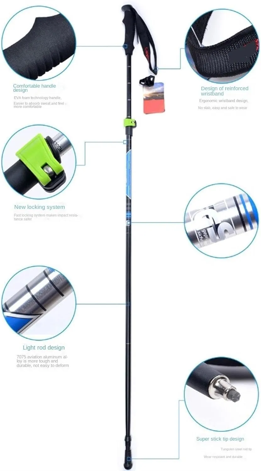 Travel Trekking Pole Folding Trekking Hiking Poles Strong Walking Stick Lightweight Aluminum Alloy for Camping Outdoor Activities(Blue)