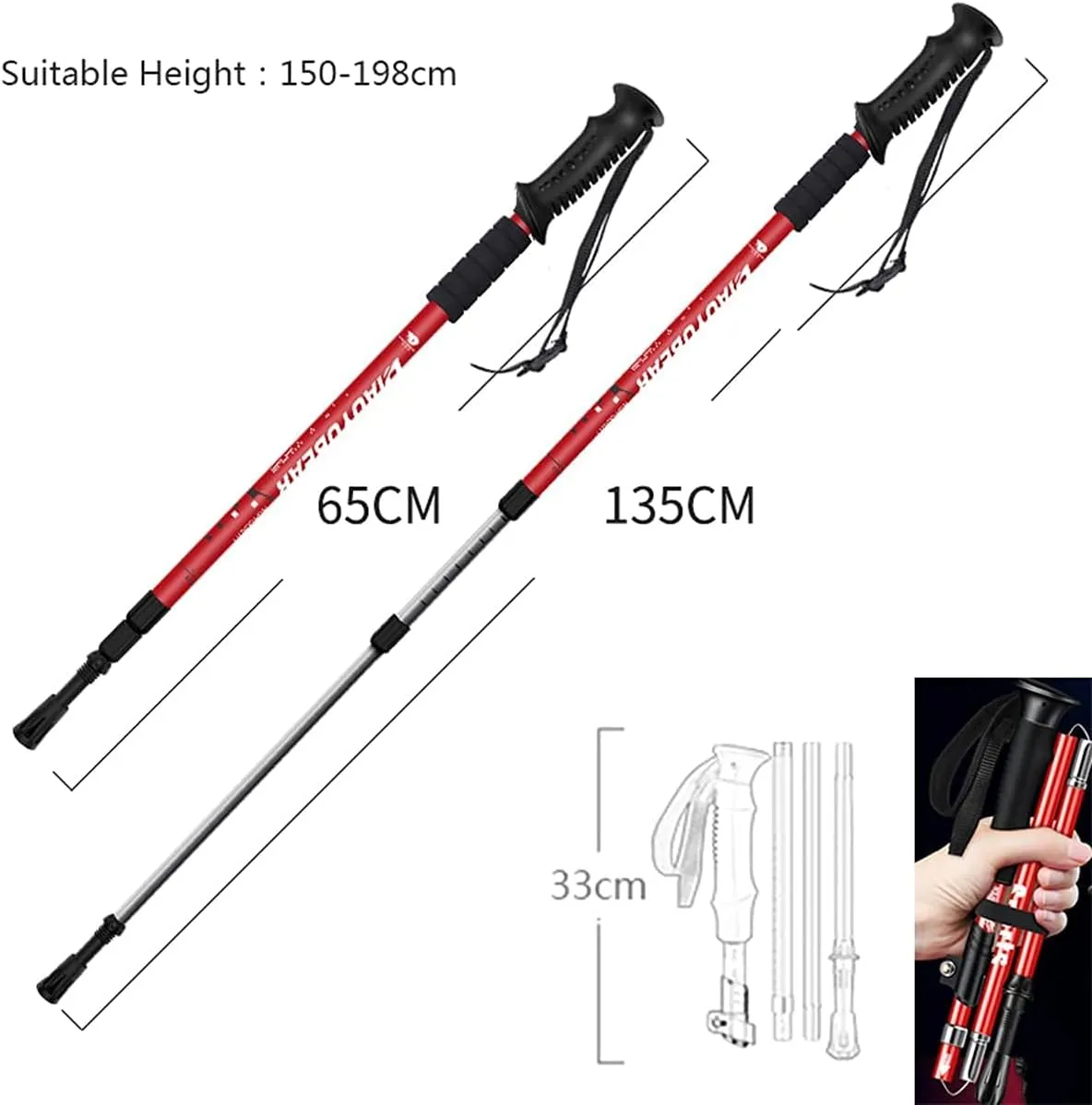 Trekking Pole-Walking Stick-Aluminum Lightweight Adjustable,for Hiking,Mountaineering,Walker for The Elderly,65-135CM,Red
