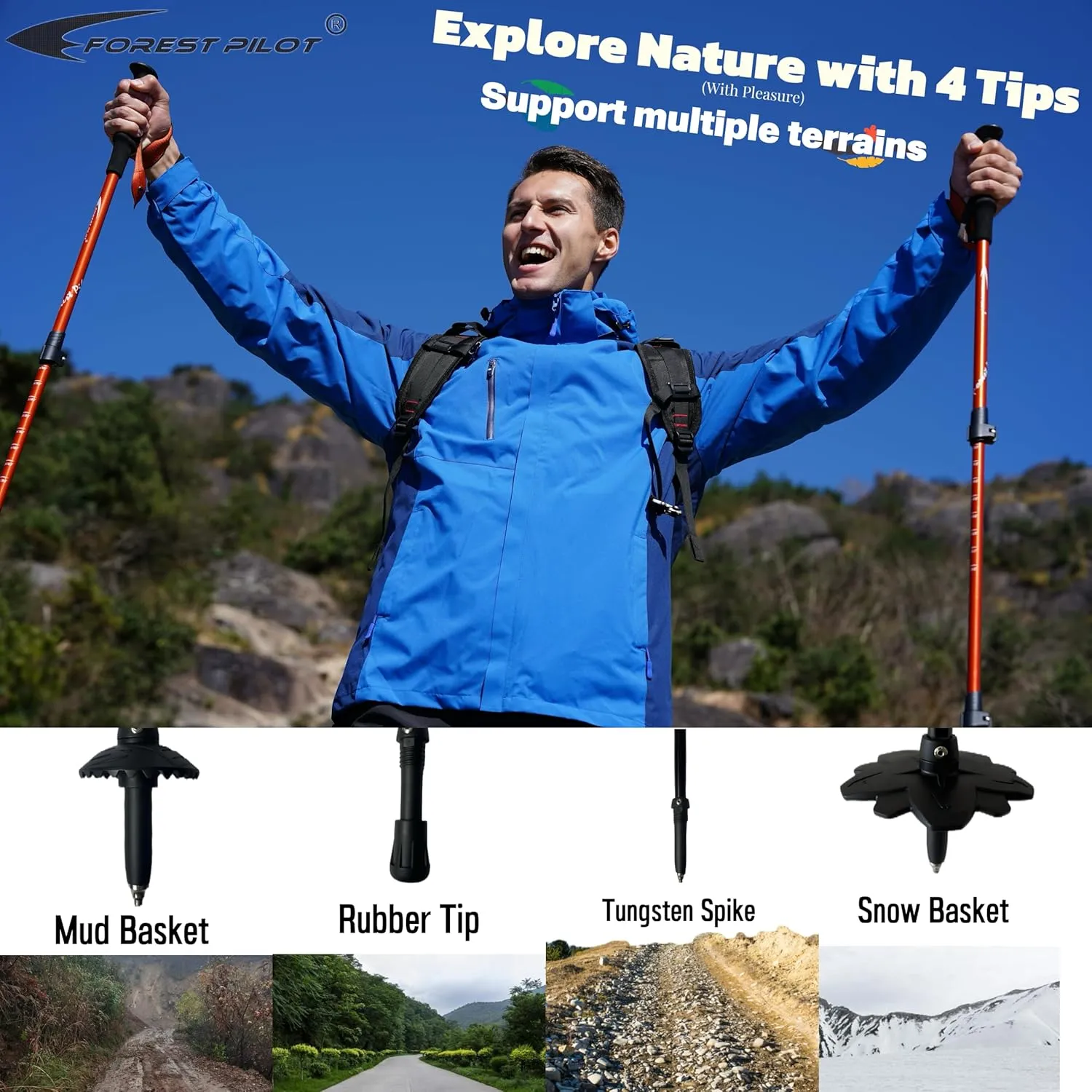 Trekking Poles - Lightweight 7075 Aluminum with Flip Lock & All Terrain Accessories - Pair of 2 Walking Sticks for Hiking with EVA or Beech Wood Grip