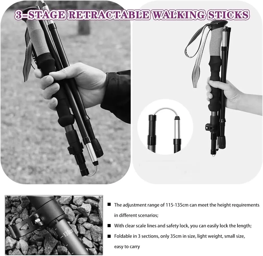 Tri-fold Design Trekking Hiking Pole, Adjustable Portable Mobility Aid, Walking Sticks with Flick Lock, for Women Men